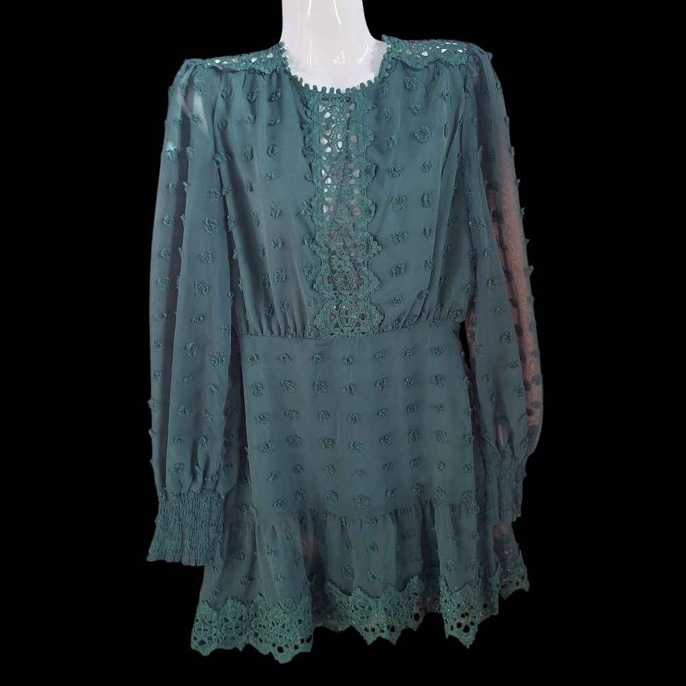 Lulus Lust or Love Emerald Green Embroidered Lace Long Sleeve Dress Small - Picture 7 of 16